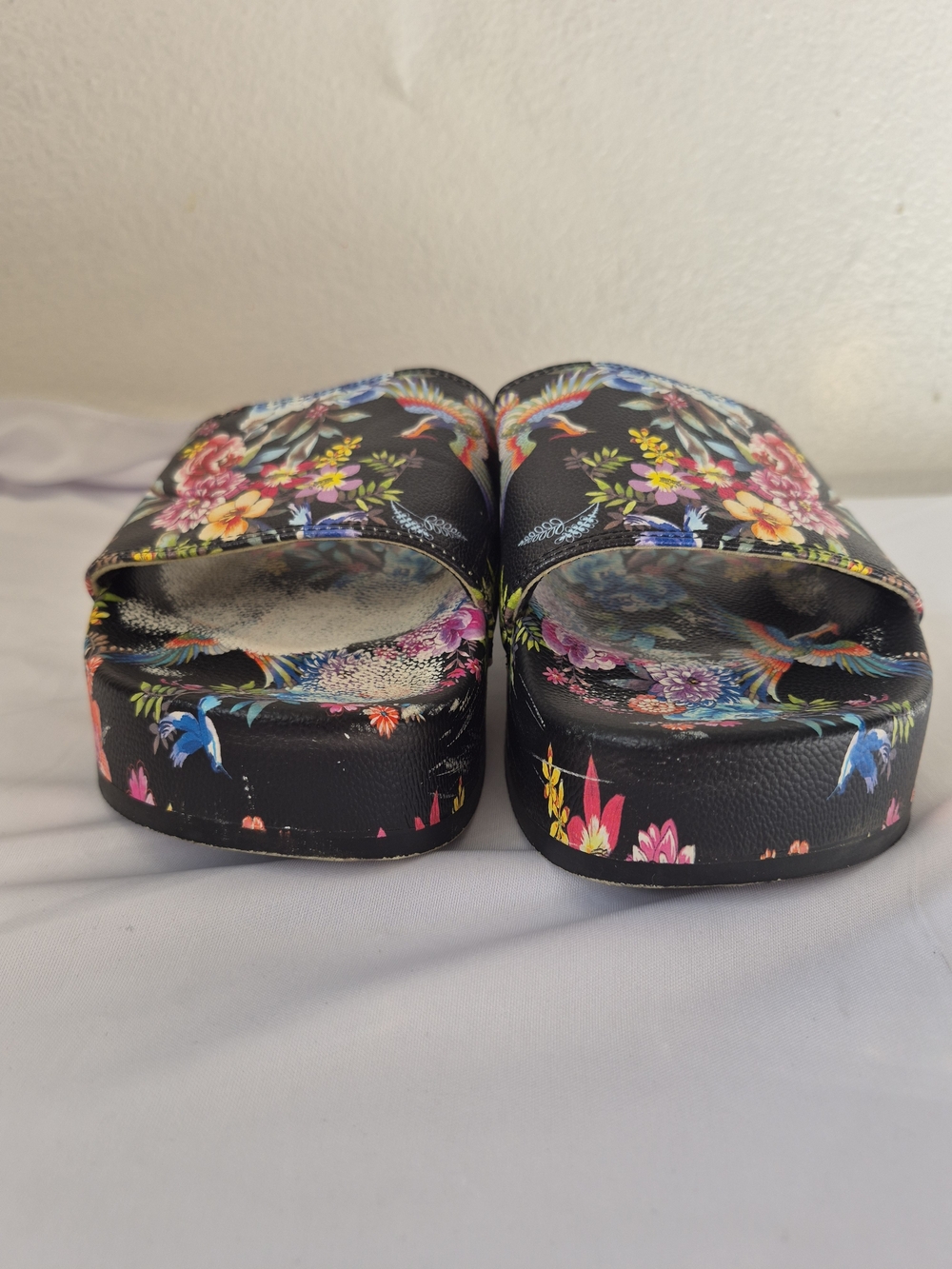 Johnny Was Floral Bird Print Black Slide Sandals 8 - Picture 6 of 8
